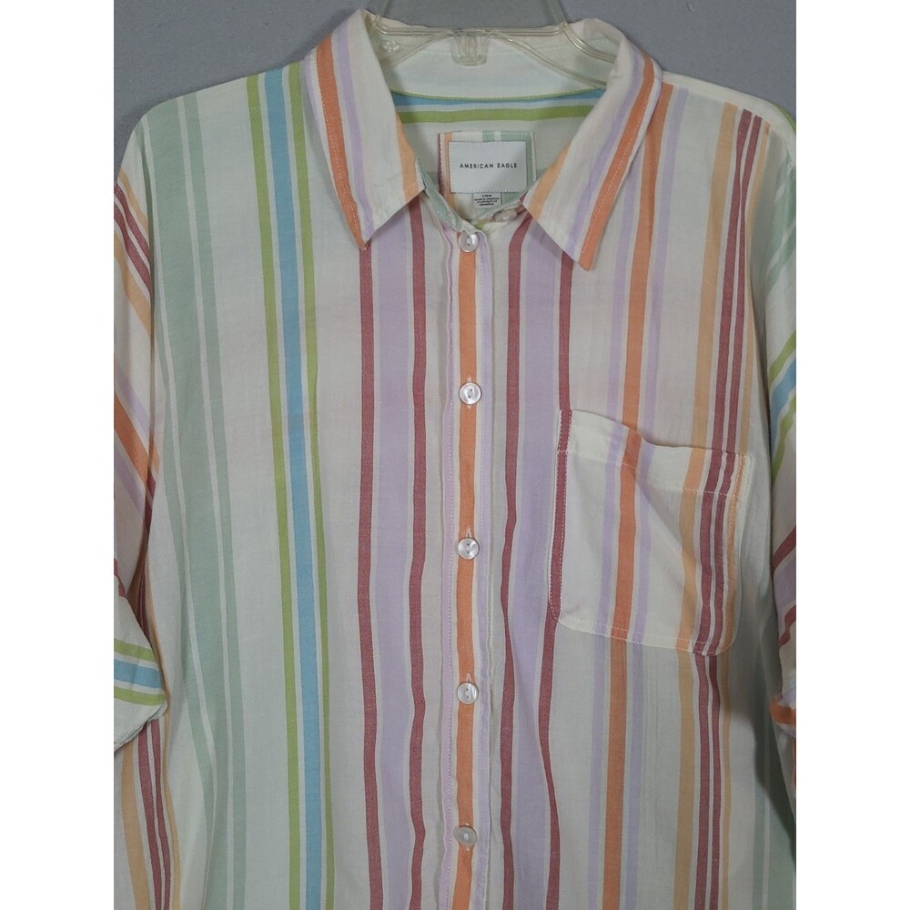 American Eagle Tunic Womens L White Pastel Striped Flowy Boho Button Up Shirt - Picture 2 of 11